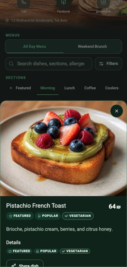 MenuAsk product demo showing a dish detail page on a mobile phone.