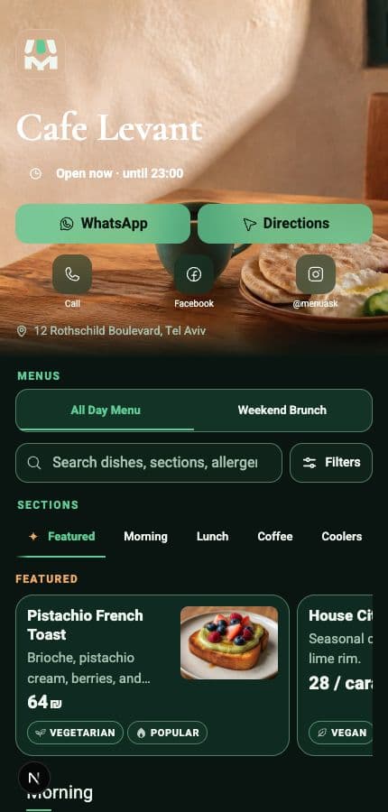 MenuAsk product demo showing a restaurant menu on a mobile phone.