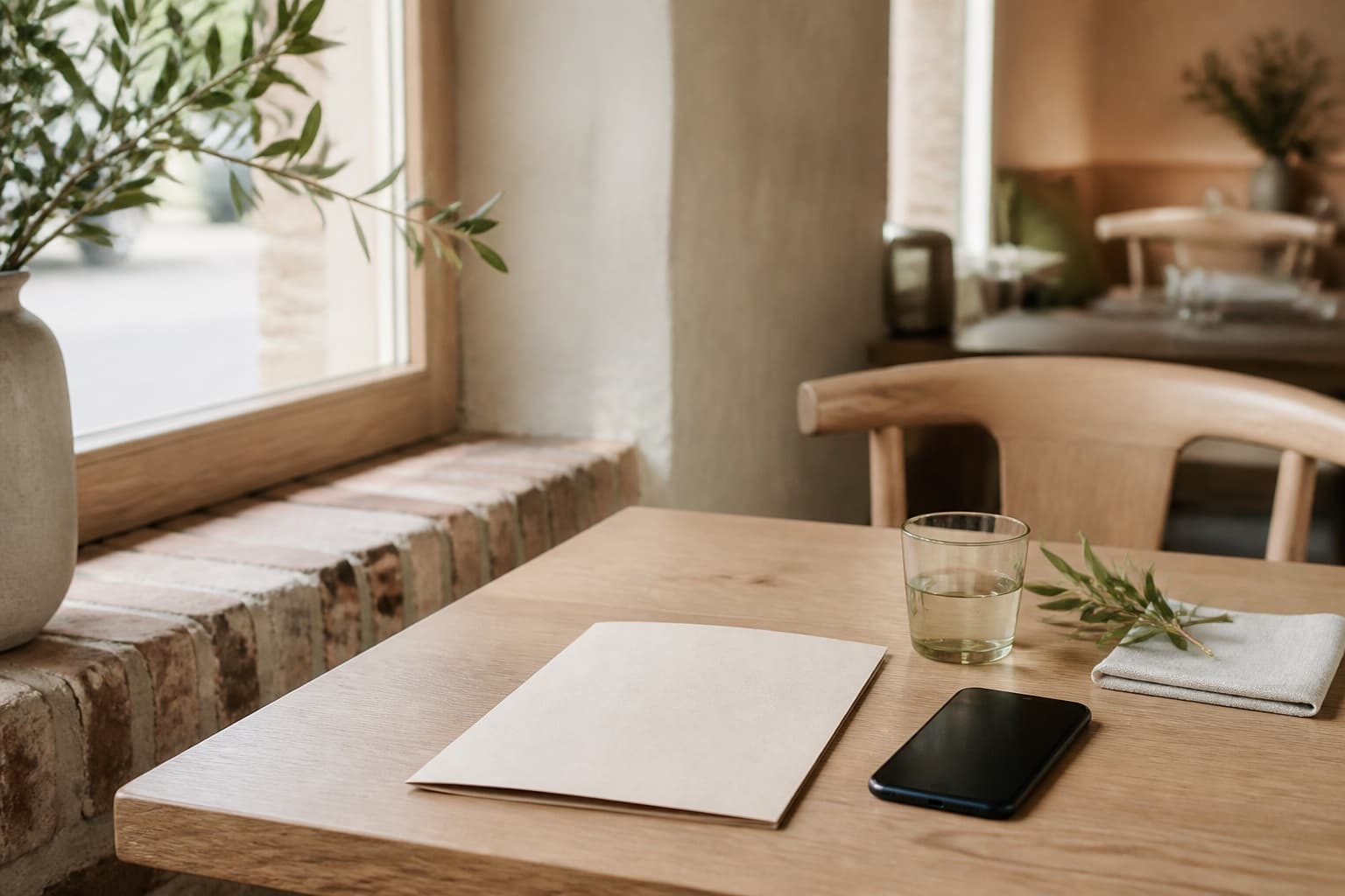 A quiet restaurant table with a paper menu and a phone in soft window light.