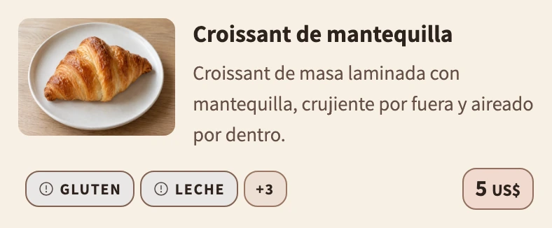 The same Firstfold Bakery croissant demo card in Spanish.