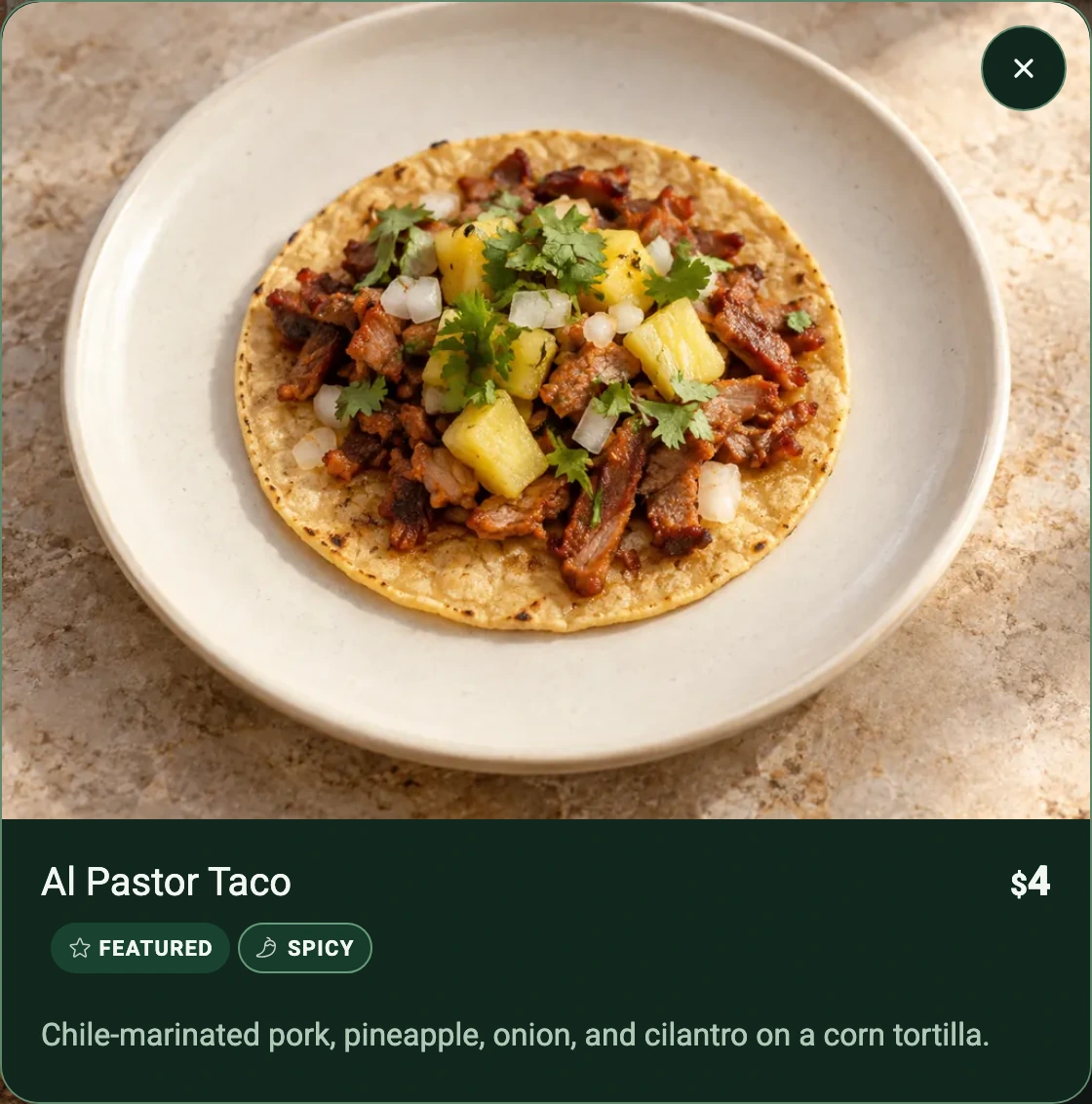 Cobre Cometa demo dish detail showing Al Pastor Taco, its photo, description and $4 price.